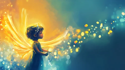Luminescent fairy child with bokeh trail and warm rim lighting
