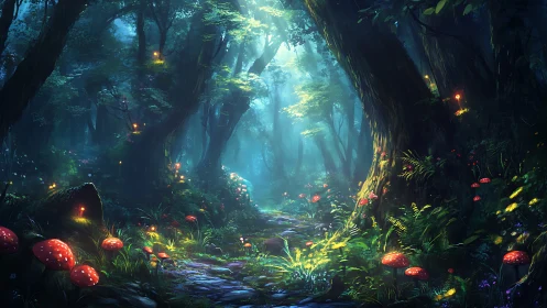 Enchanted Forest Path with Glowing Mushrooms.