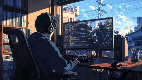 Anime workstation coder at panoramic desktop in sunset light.