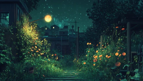 Moon perches on a lamppost above a secret garden lane