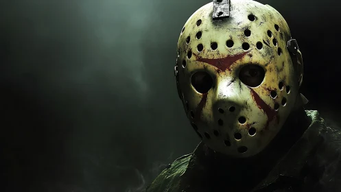 Hockey mask killer portrait in dark horror lighting.