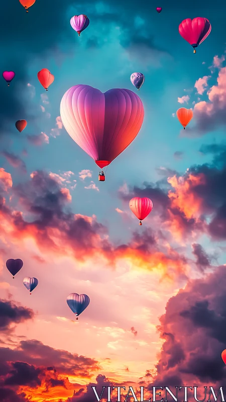 Heart-Shaped Hot Air Balloons Flying Through Sunset Sky