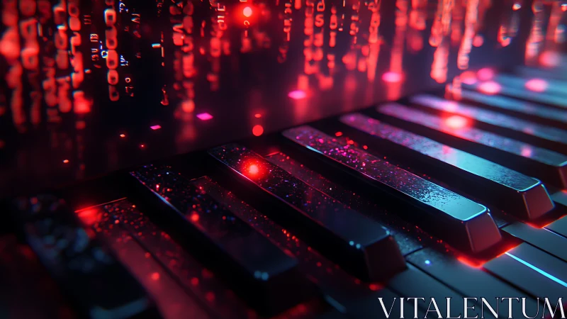 Neon code cascades across midnight piano keys in flux.
