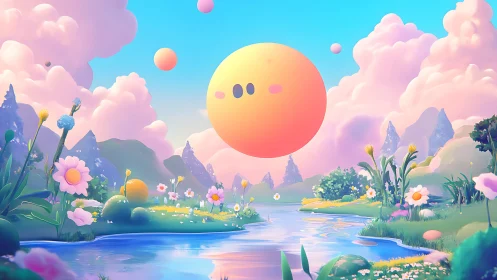 Whimsical pastel valley with floating orb character in bloomscape.
