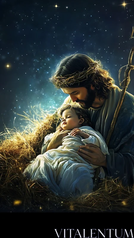 Tender holy embrace glows under a tranquil starlit sky