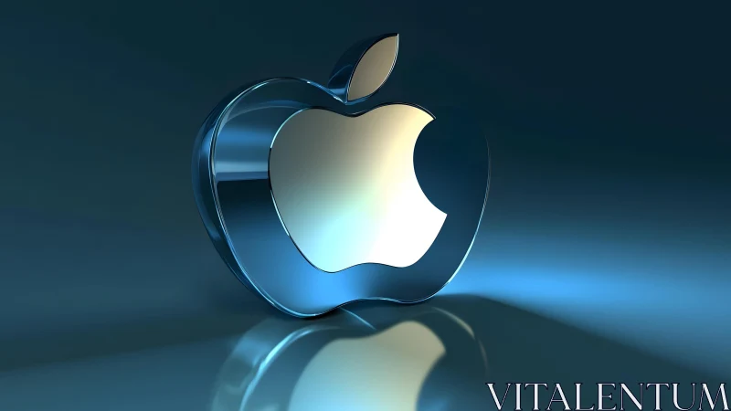 3D Metallic Apple Logo on Blue Gradient Background, Modern Style.