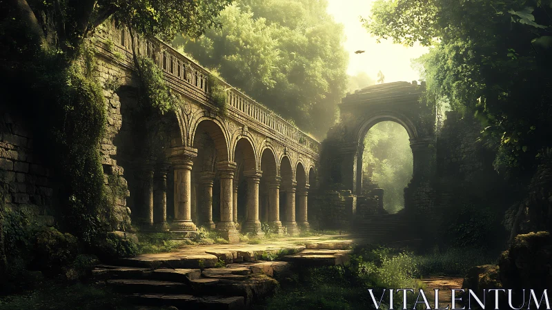 Sunlit ancient arcade within overgrown stone ruins