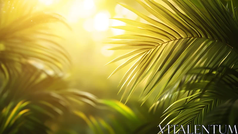 Sunlit palm fronds form layered foliage in soft focus