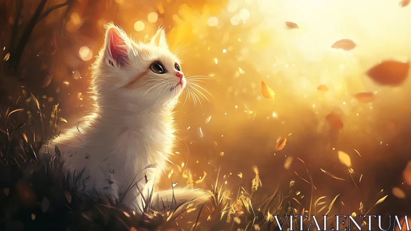 White Kitten in Autumn Light and Falling Leaves.