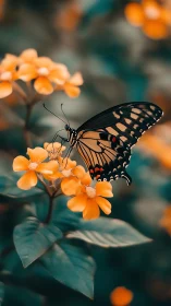 Macro butterfly study on orange blooms with bokeh field.