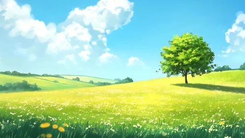 Sunlit meadow welcomes a lone tree under bright blue skies