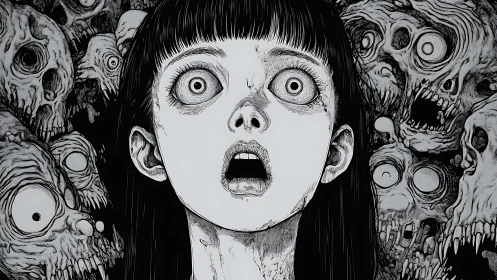 Monochrome manga portrait amid clustered skeletal heads.
