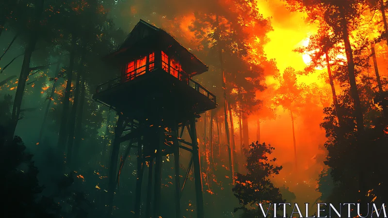 Solitary Tower Ablaze: A Watchtower's Fiery Last Stand.
