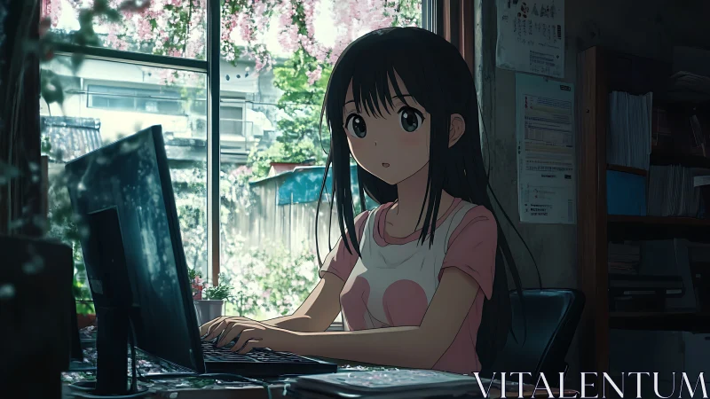 Quiet afternoon at the computer with soft spring light.