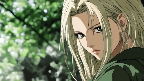 Blonde anime woman in green jacket against forest backdrop.