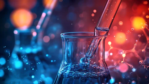 Colorful lab glassware with pipette in chemical solution.