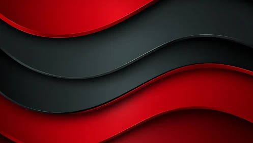 Curved red and black bands form layered abstract surfaces