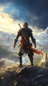 Lone warrior surveys a vast fantasy valley before battle