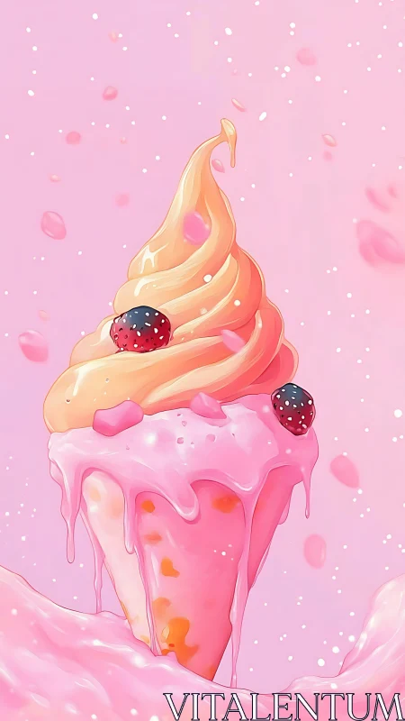 Soft serve cone illustration shows melting pink dessert