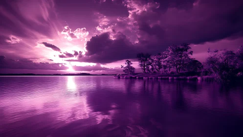Violet storm-swept sunset over whispering lake and trees.