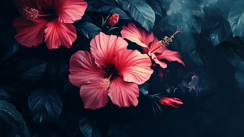 Pink hibiscus blooms dance against shadowed foliage in moody botanical theater