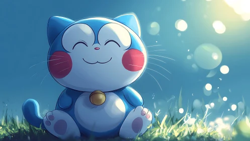 Smiling blue cartoon cat sits in grass under bright sunlight