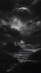 Monochrome lunar seascape under dense storm cloud cover.