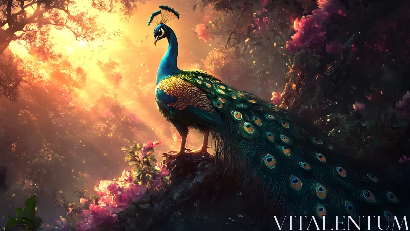 Iridescent peacock in volumetric sunrise forest glade scene.