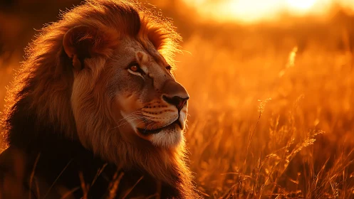 Photorealistic lion portrait in backlit savanna sunset field.