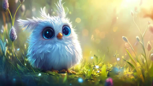 Adorable Fluffy Baby Owl in Dreamy Sunlit Meadow, Digital Art.