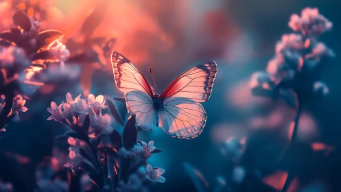 Softly glowing butterfly in dreamy twilight garden light.