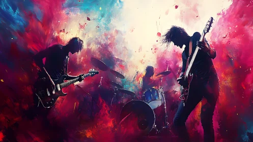 Electric rock band glowing in neon clouds of color.