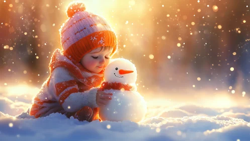 Snow-kissed toddler whispers secrets to a glowing snowman