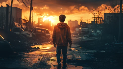 Lone survivor walks ruined city street toward burning horizon