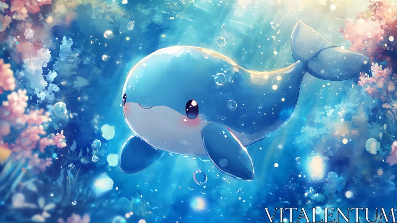 Luminous chibi whale in ethereal underwater anime tableau.