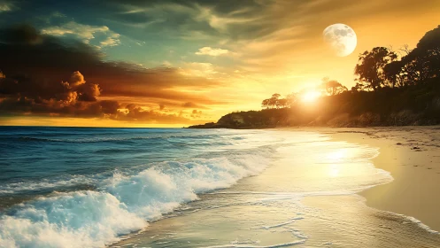 Twin-light tide at a golden shore where sun greets moon.