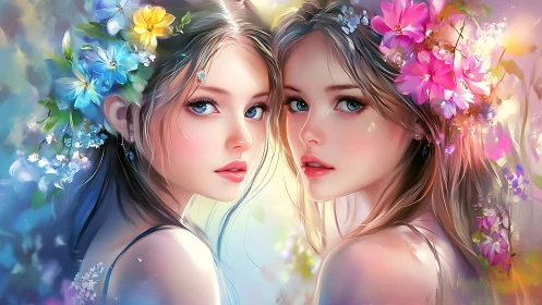 Twin floral muses gaze through luminous pastel bloomscape.