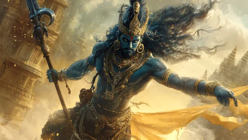 Storm-clad blue deity strides through molten golden temples.