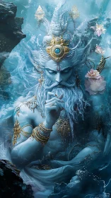 Mythic blue sea deity with ornate gold adornments underwater.