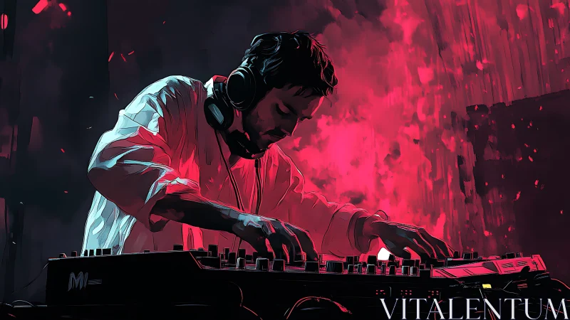 Digital DJ performance under neon red stage lights.