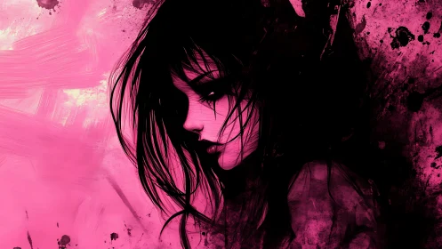 High-contrast magenta portrait with grunge ink silhouette profile