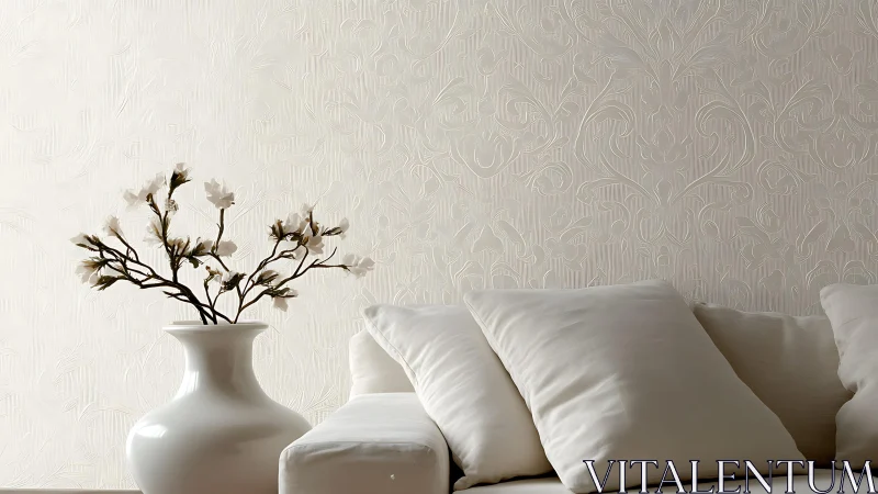 Minimalist living room with textured wallpaper and white decor.