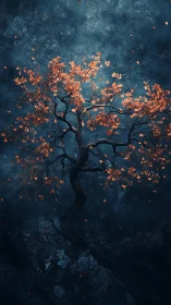 Lonely autumn tree glowing softly in a dreamy twilight forest.