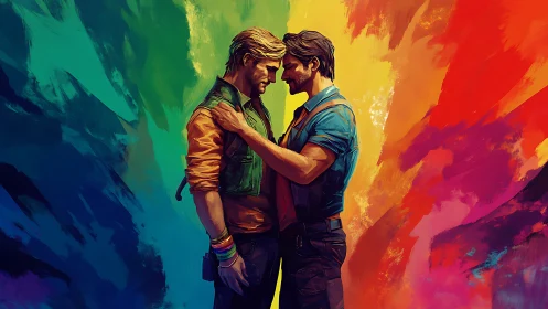 Two men share an intimate moment amid vibrant rainbow gradient backdrop