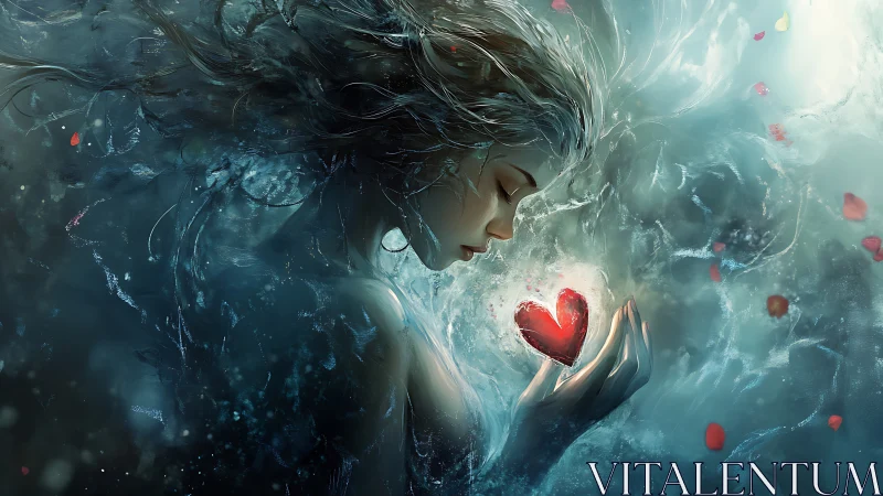 Profile figure holding illuminated red heart form.