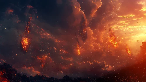 Massive fire storm consuming clouds at sunset.