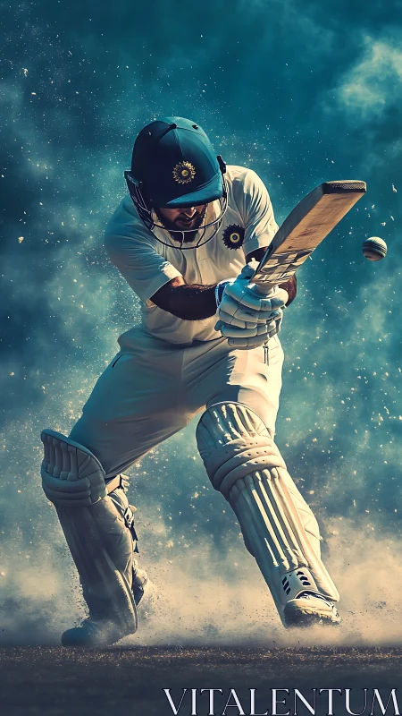 Cricket batsman drives ball through dust under dramatic light