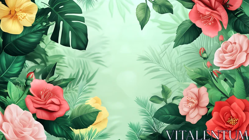 Tropical flowers and monstera leaves in digital botanical illustration