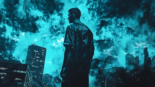 Backlit footballer dominates neon teal urban storm skyline