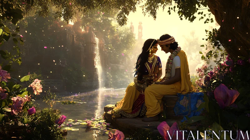 Enchanted riverside lovers in golden mystical twilight garden.